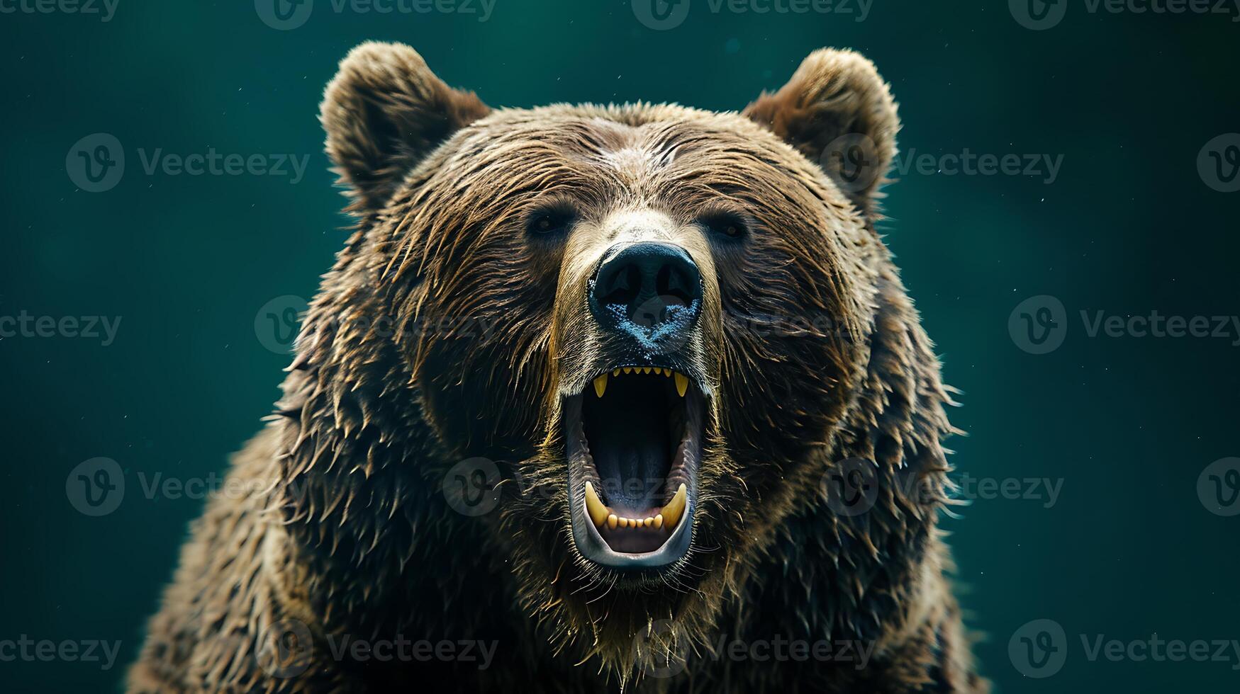 A close up of a brown bear with its mouth open photo