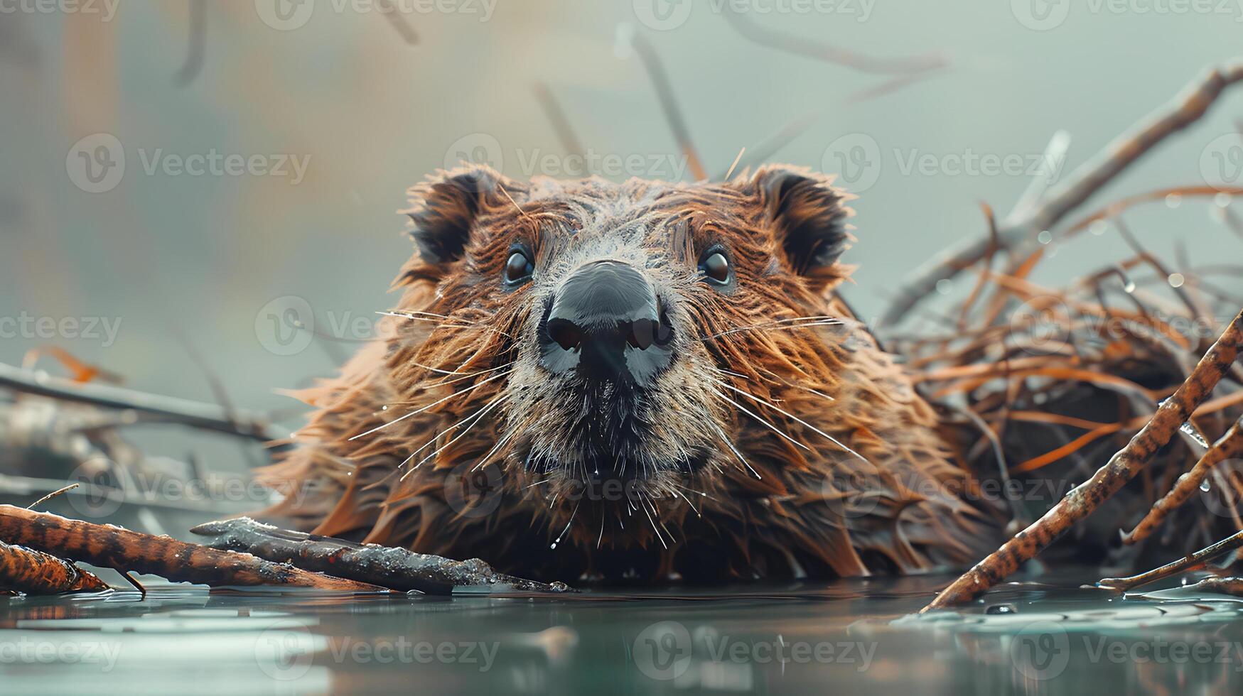 A beaver is swimming in the water photo