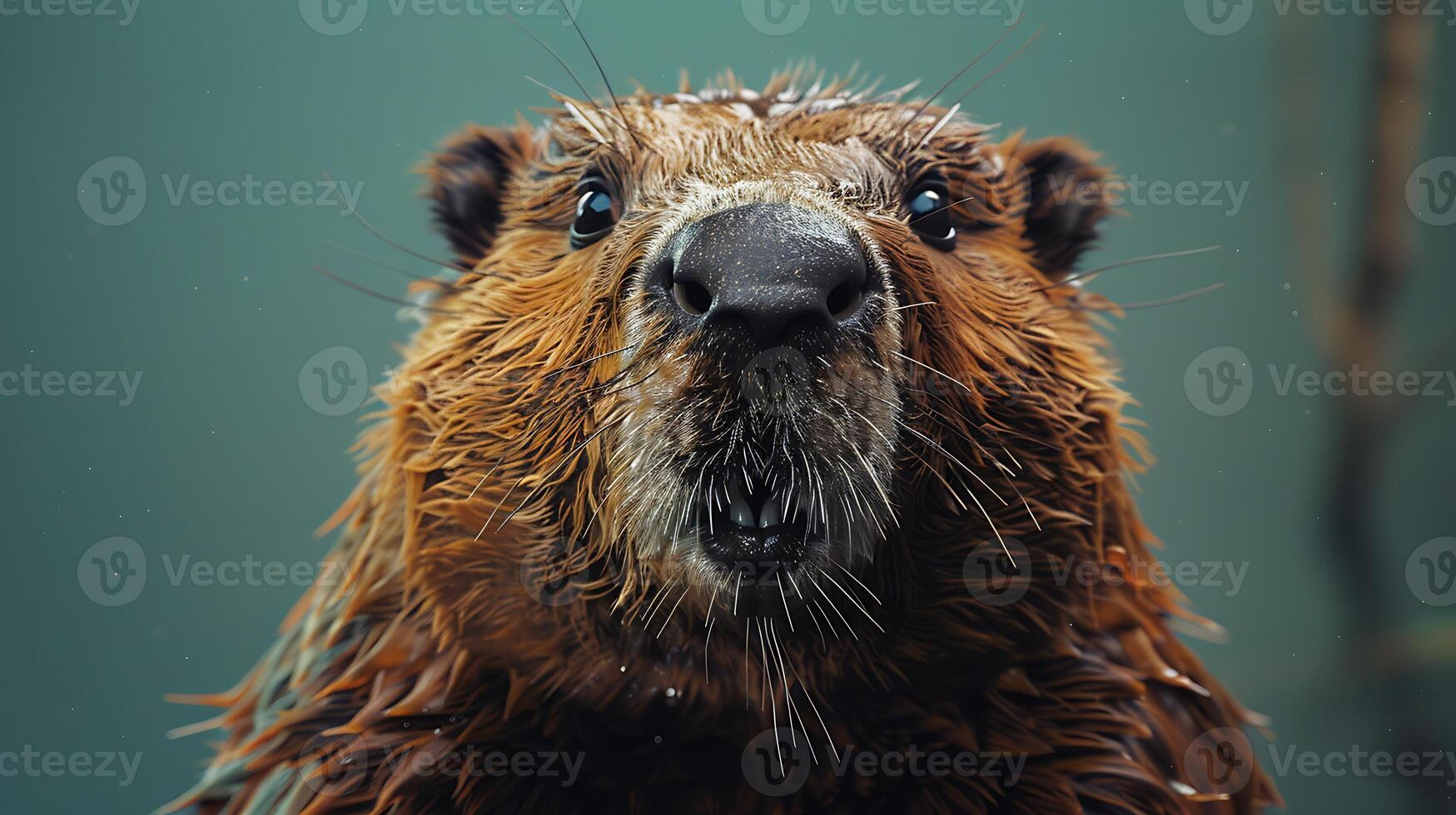 A beaver with wet fur looking up at the camera photo