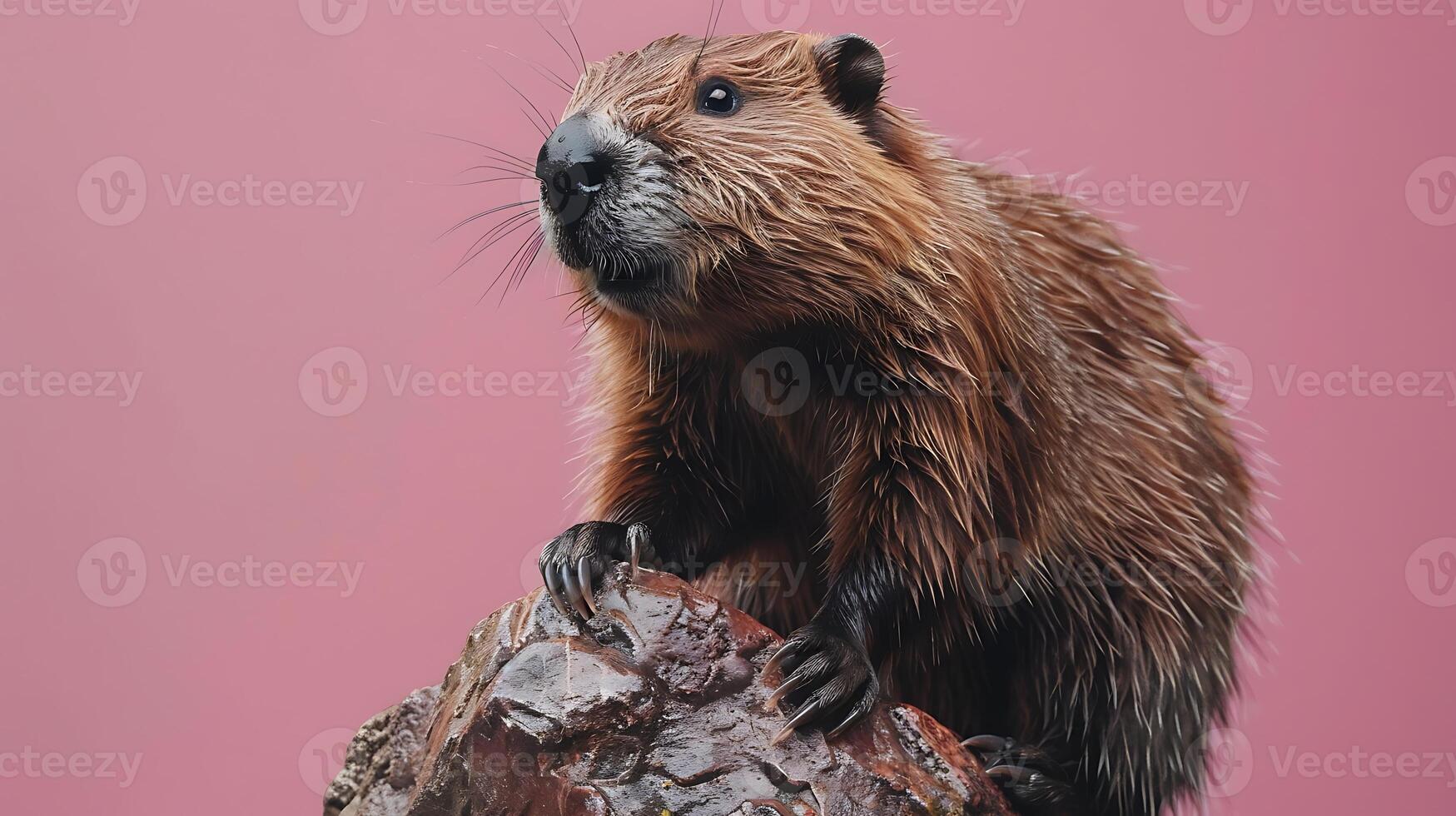 A beaver sitting on top of a rock photo