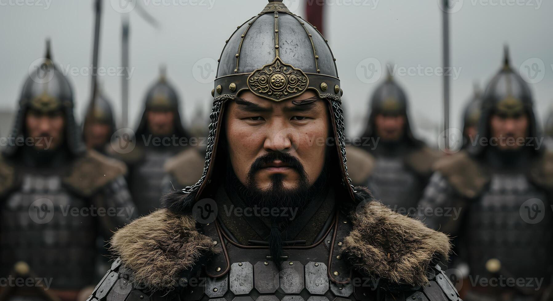 Mongol Warrior Leader with Army in Medieval Battle Armor Portrait photo