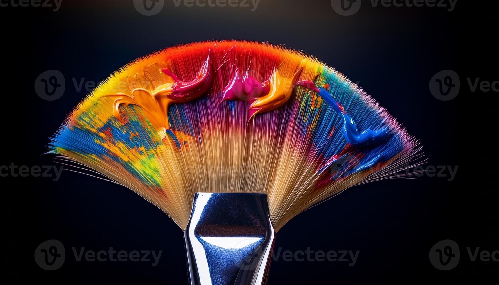 Brightly Colored Paint on a Fan Brush Creating Vibrant Patterns and Textures in an Artistic Display photo
