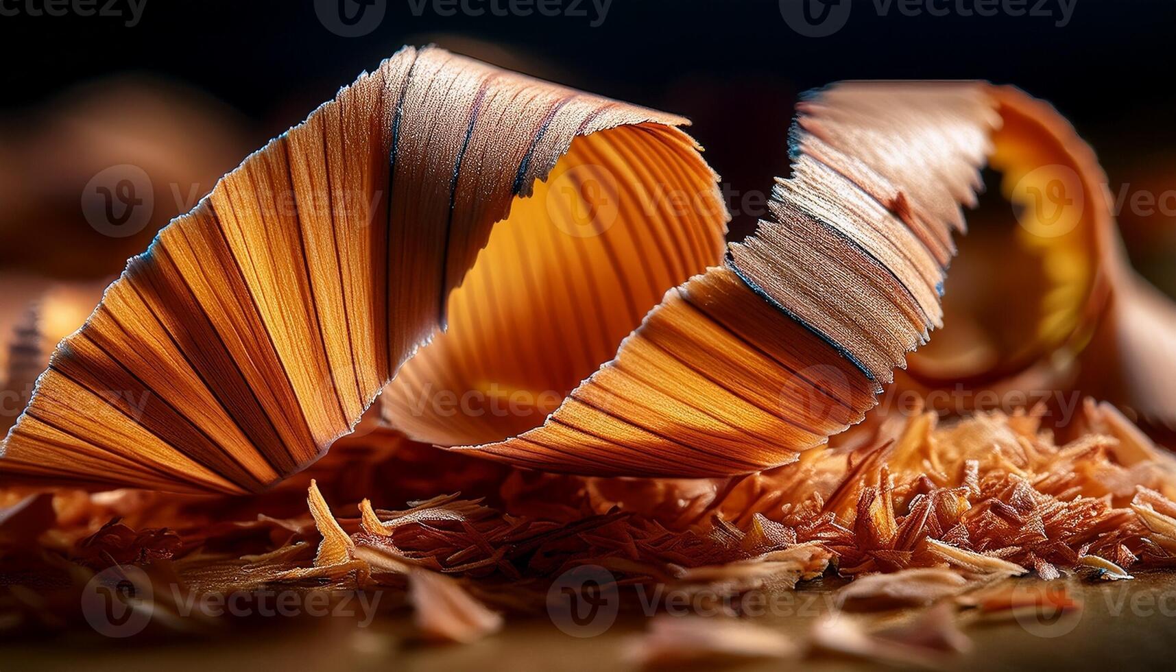 Artistic Close-Up of Wood Shavings From a Pencil on a Wooden Surface Showcasing Natural Textures photo