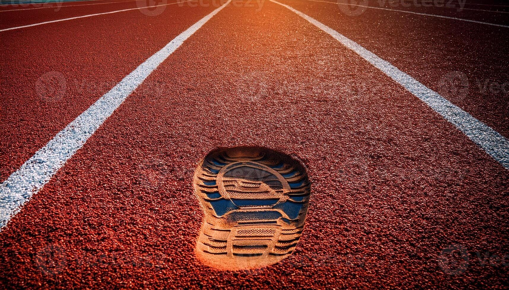 Footprint on a Red Running Track at Sunrise Indicating Preparation for an Athletic Event or Training Session photo