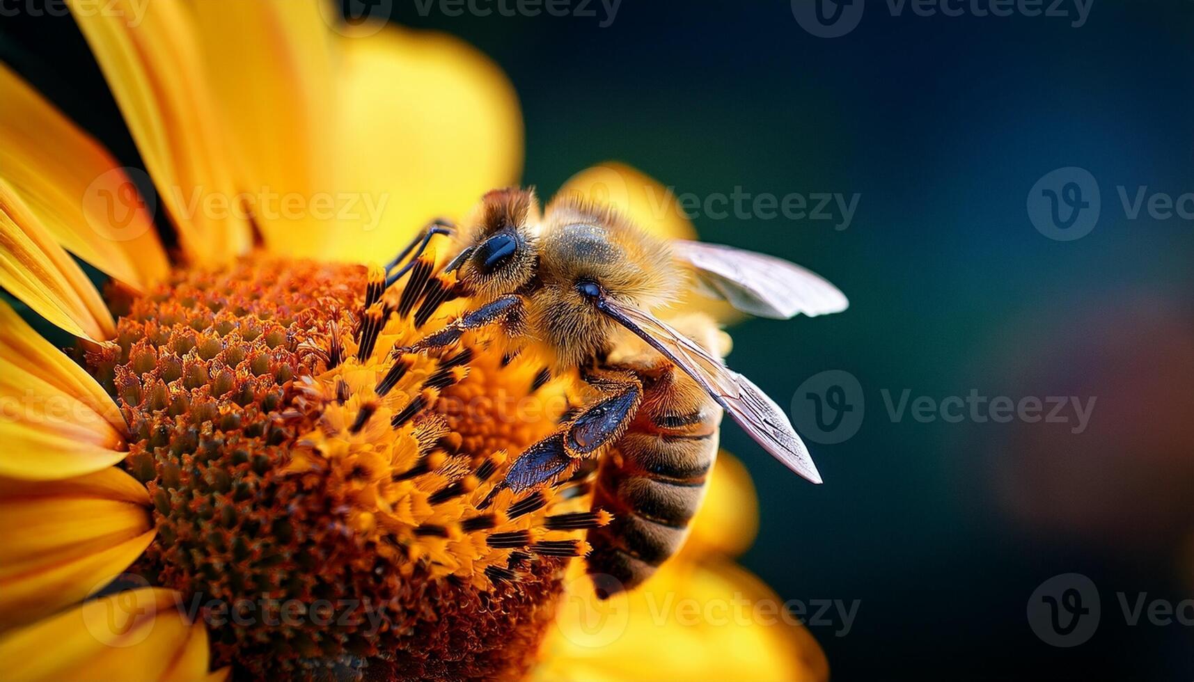 Close-up View of a Bee Collecting Nectar From a Vibrant Sunflower in Sunlight During Summer photo