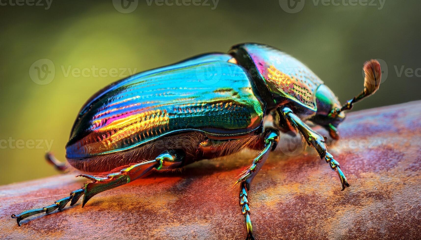 Colorful Beetle Resting on a Branch in a Lush Forest During Bright Daylight photo