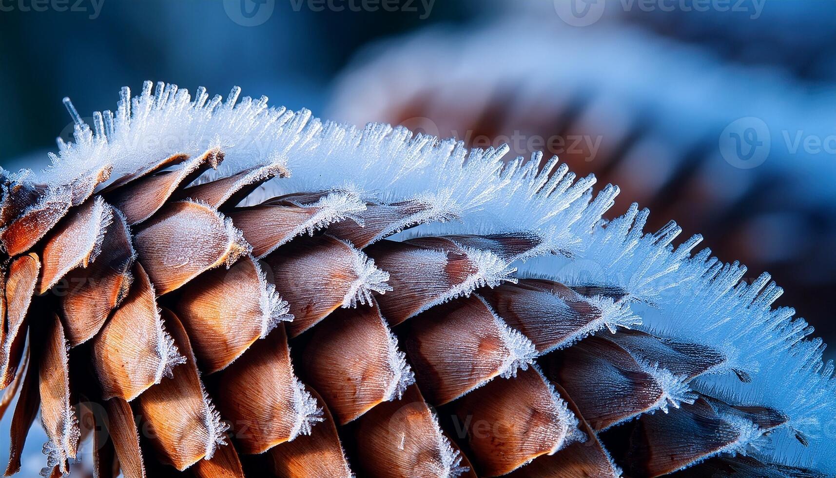 Frost-covered Pine Cone Showcases Intricate Details in Winter Landscape Among Evergreen Trees in a Serene Setting photo