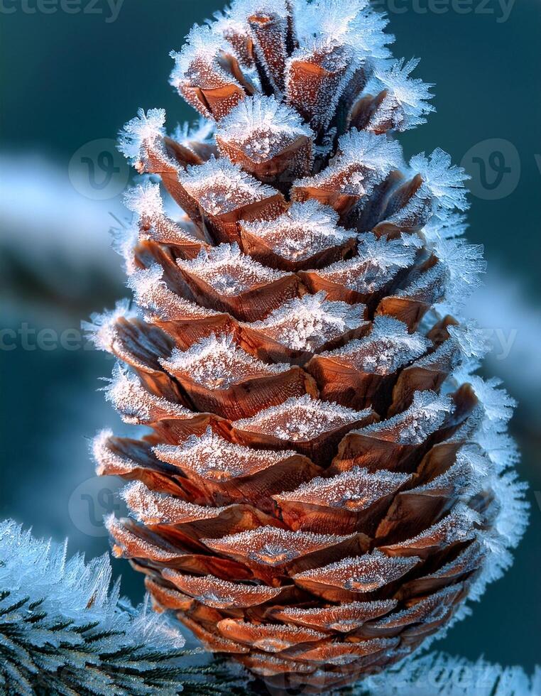 Frost-covered Pine Cone Glistening in Winter Sunlight on a Snowy Day photo