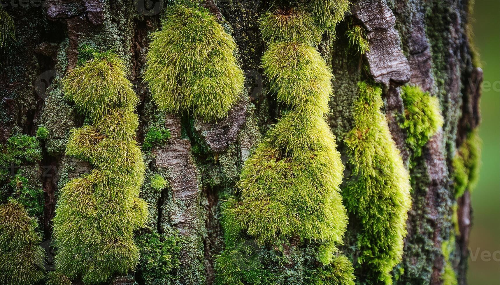 Close-up of Green Moss Growing on Rough Tree Bark in a Forest Showcasing Nature's Textures and Colors photo