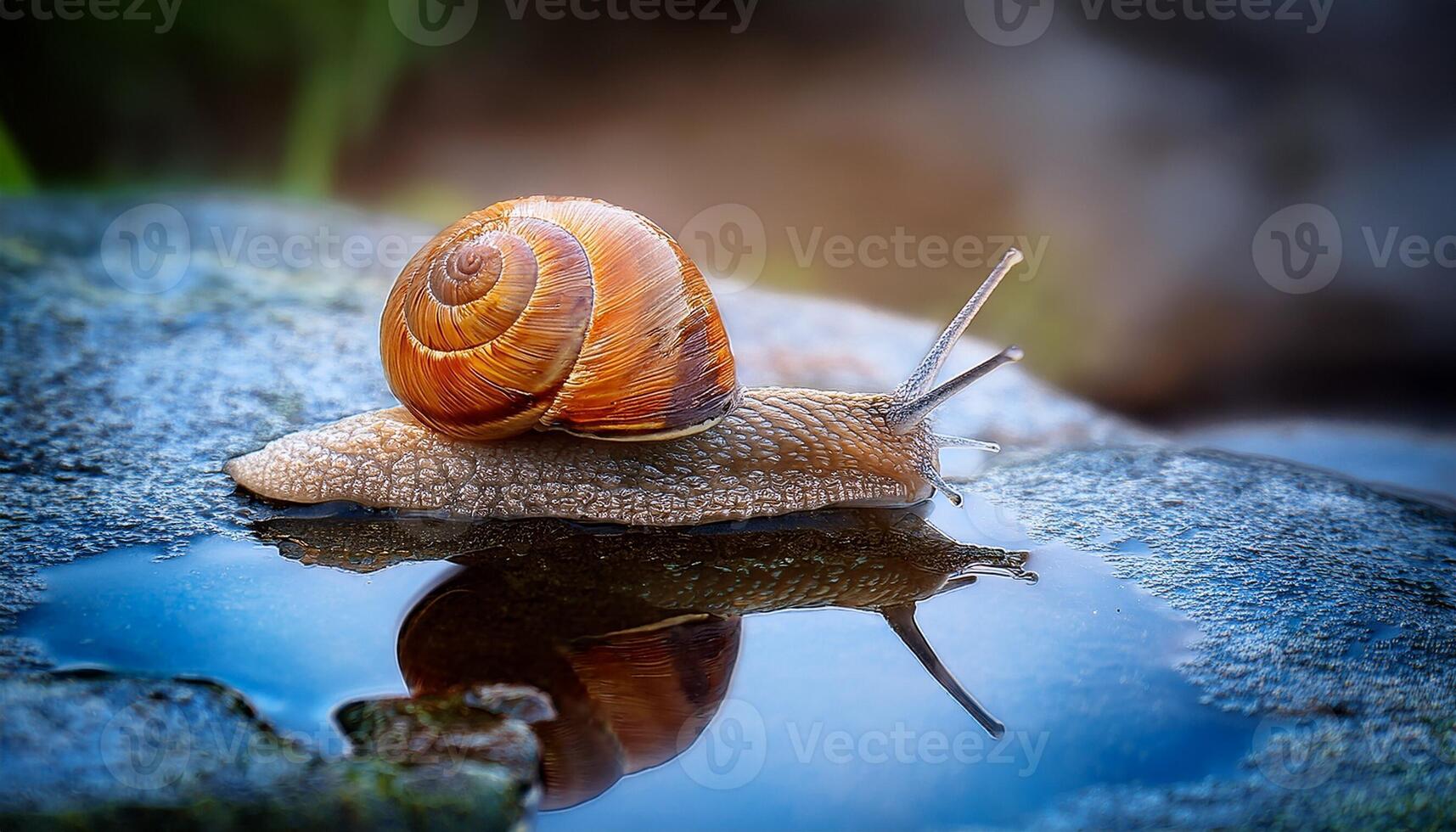 Snail Crawling on a Wet Rock Beside a Reflective Puddle During Early Morning Hours photo