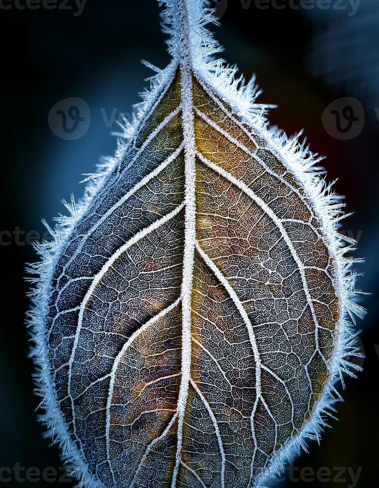 Frosted Leaf Displaying Intricate Details in Winter Morning Sunlight photo