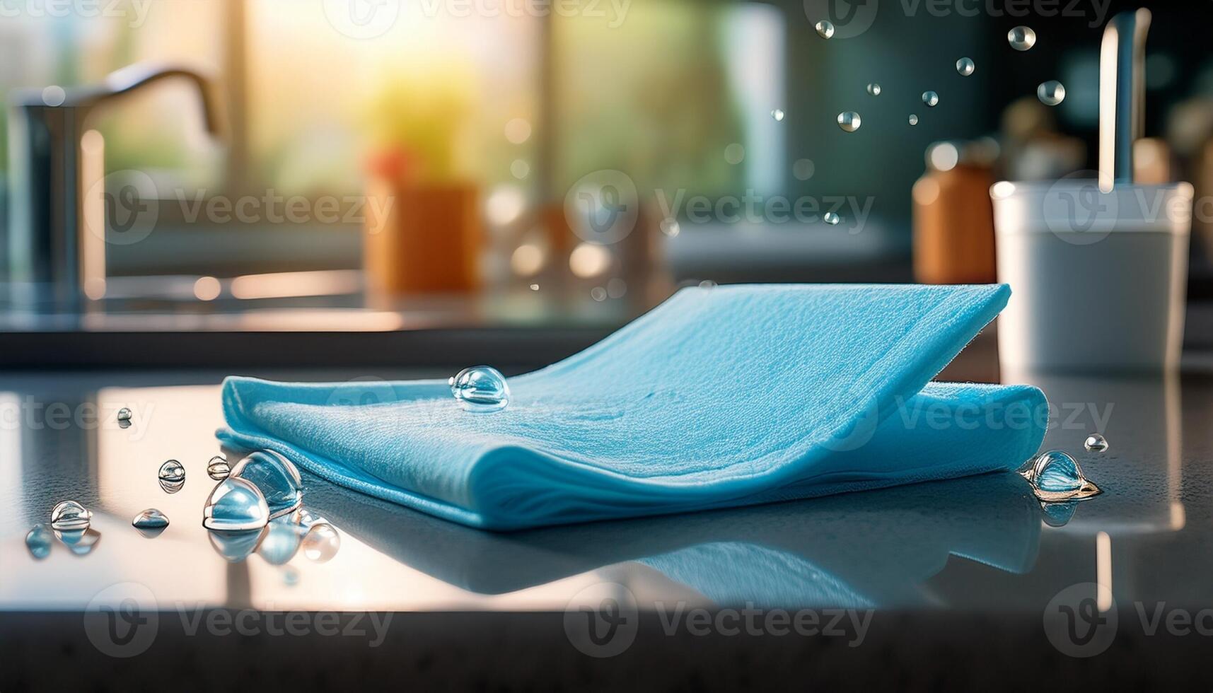 Blue Cleaning Cloth Laid on a Kitchen Countertop With Water Droplets During Late Afternoon Light photo