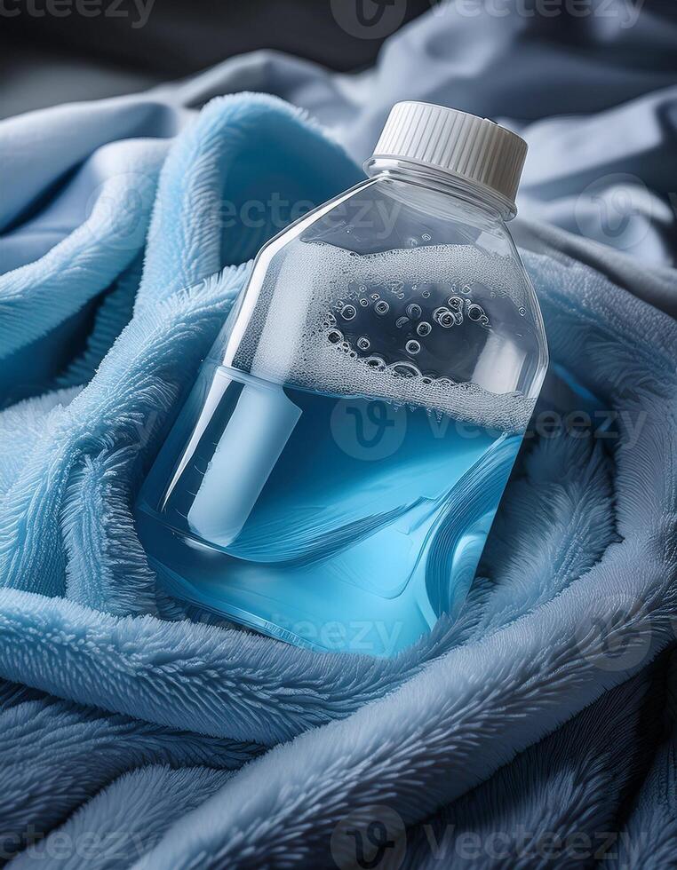 Liquid in a Clear Bottle Rests on a Soft Blue Blanket, Highlighting Its Vibrant Color and Surface Bubbles photo