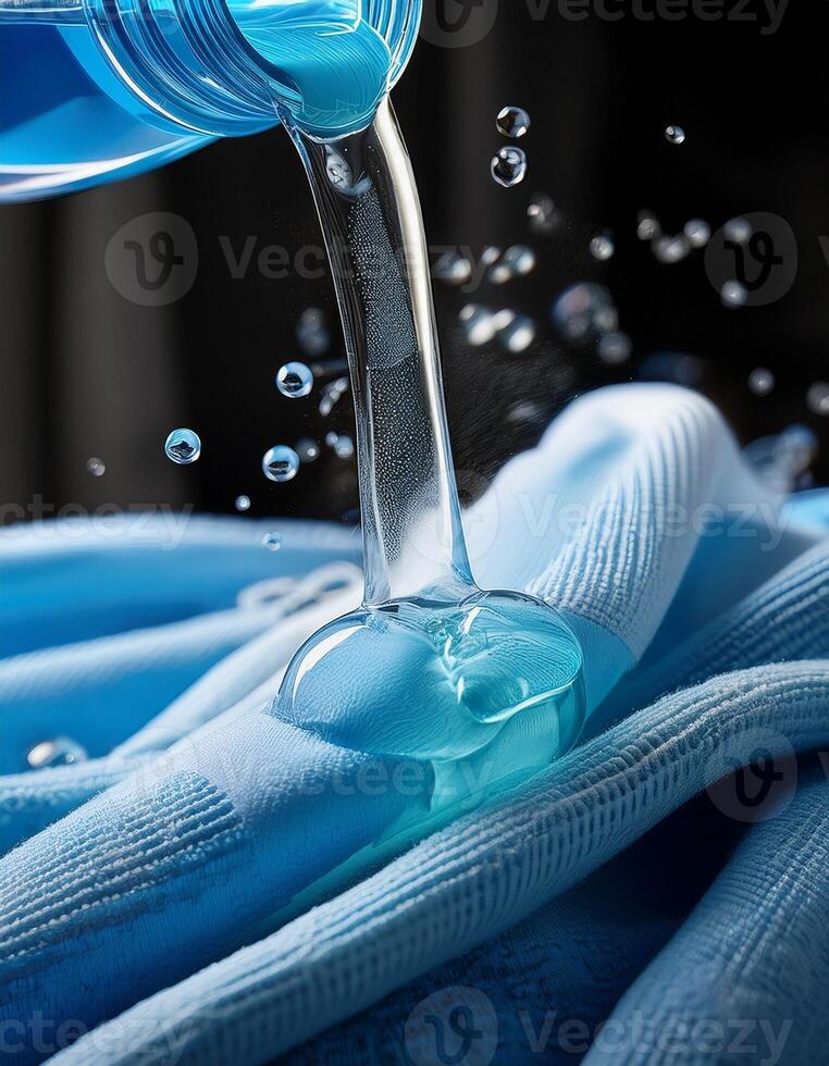 Liquid Detergent is Poured Onto Blue Towels With Splashes and Bubbles in a Close-Up Shot Filled With Color and Texture photo