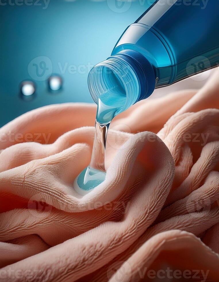 Liquid Detergent Being Poured Onto a Soft Textile for Effective Cleaning and Stain Removal in a Modern Laundry Space photo