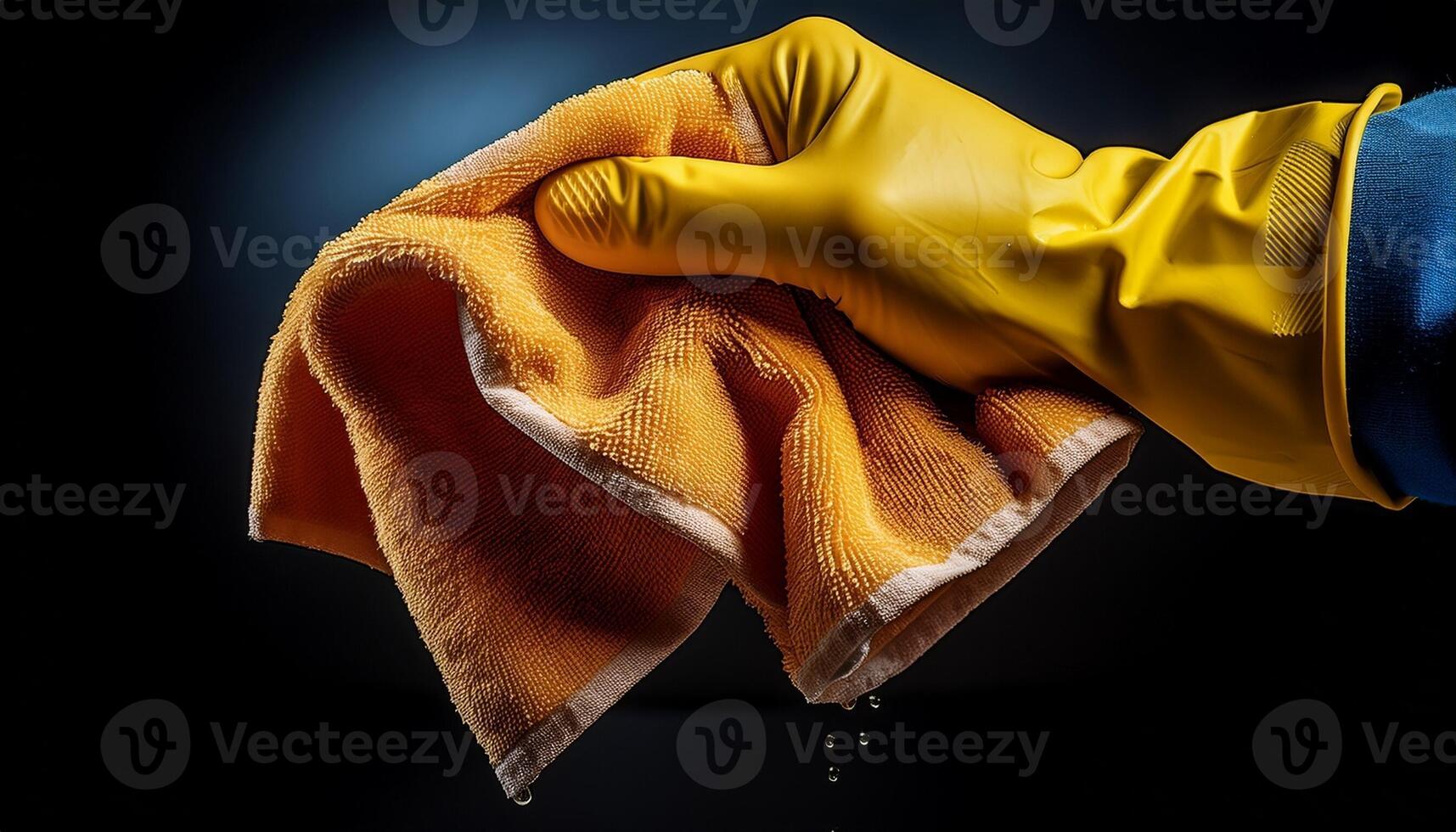 Cleaning Cloth Squeezed in Gloved Hand Showcases Meticulous Cleaning Effort in a Darkened Space photo