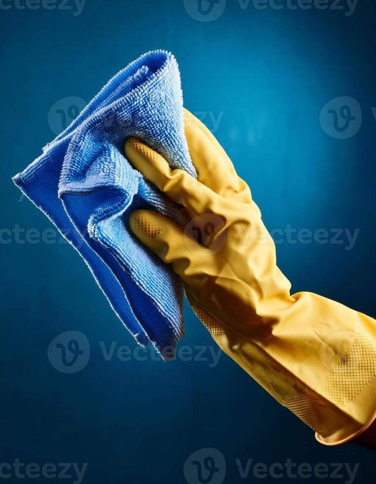 Hand Wearing Yellow Glove Cleaning With Blue Cloth Against a Blue Background photo