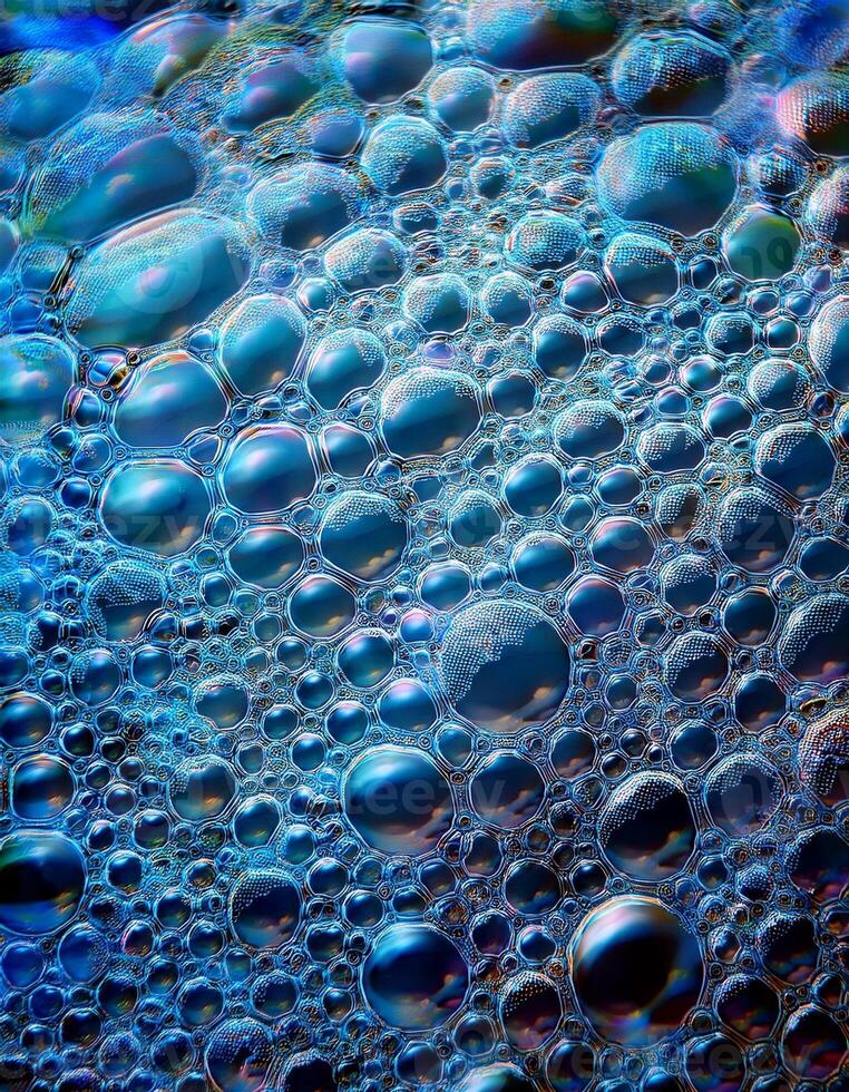 Natural Bubbles Forming in a Vibrant Blue Liquid Under Sunlight Create an Artistic Display of Shapes and Colors photo