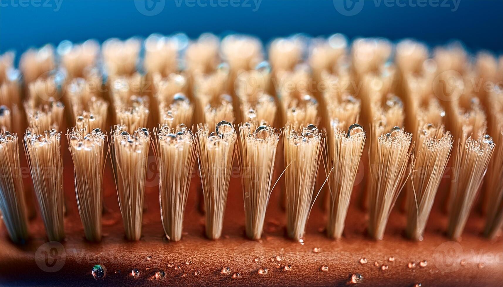 Close-up View of a Toothbrush Bristles With Water Droplets Reflecting Light on a Blue Background photo