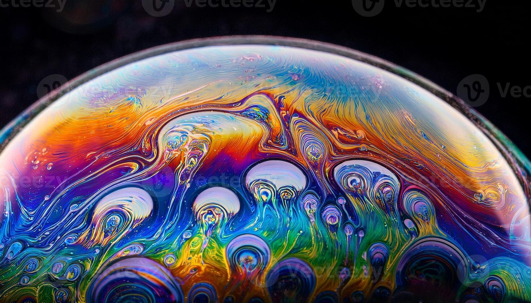 Colorful Bubbles Display Vibrant Patterns and Reflections in a Close-Up Shot Against a Dark Background During Daylight photo
