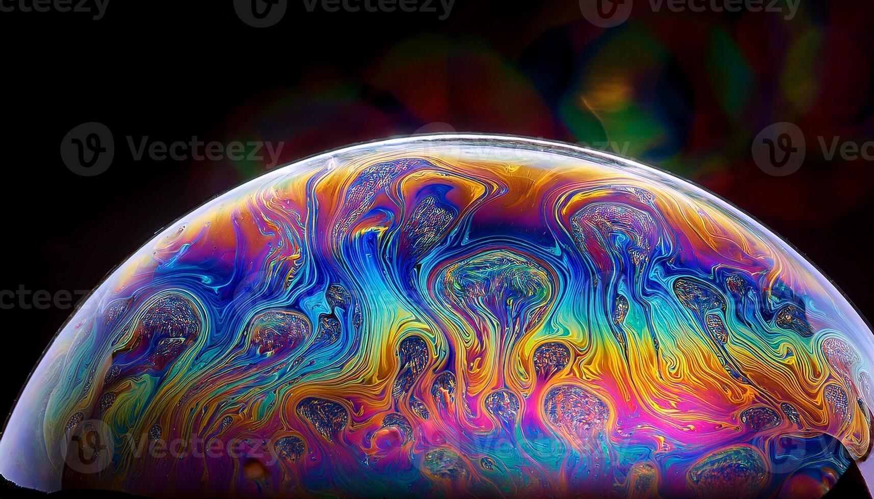 Colorful Soap Bubble Displaying Vibrant Patterns Against a Dark Background During a Sunny Day in an Outdoor Setting photo