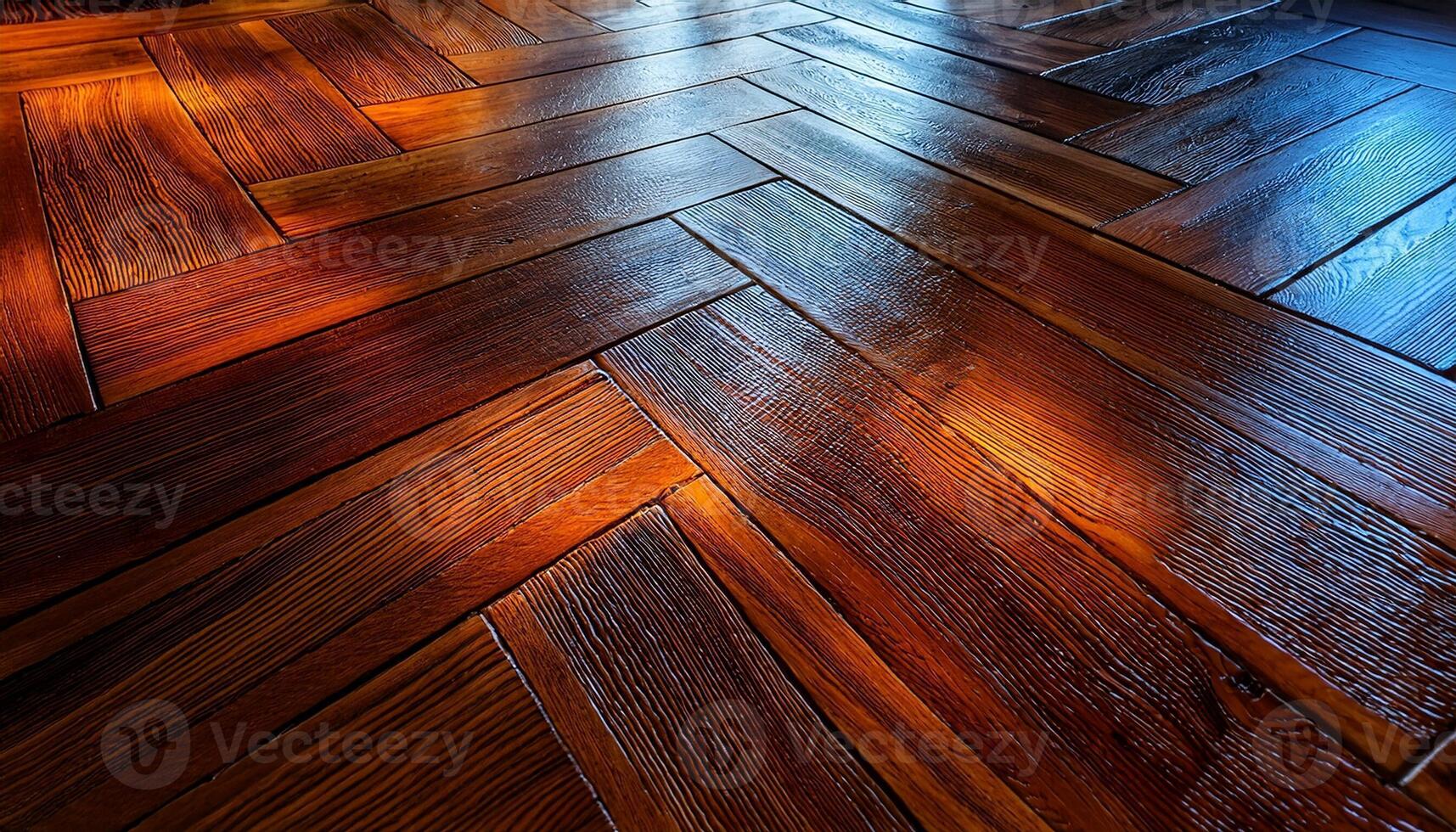 Elegant Wooden Flooring Showcasing Herringbone Pattern Illuminated by Natural Light in a Stylish Interior Space photo