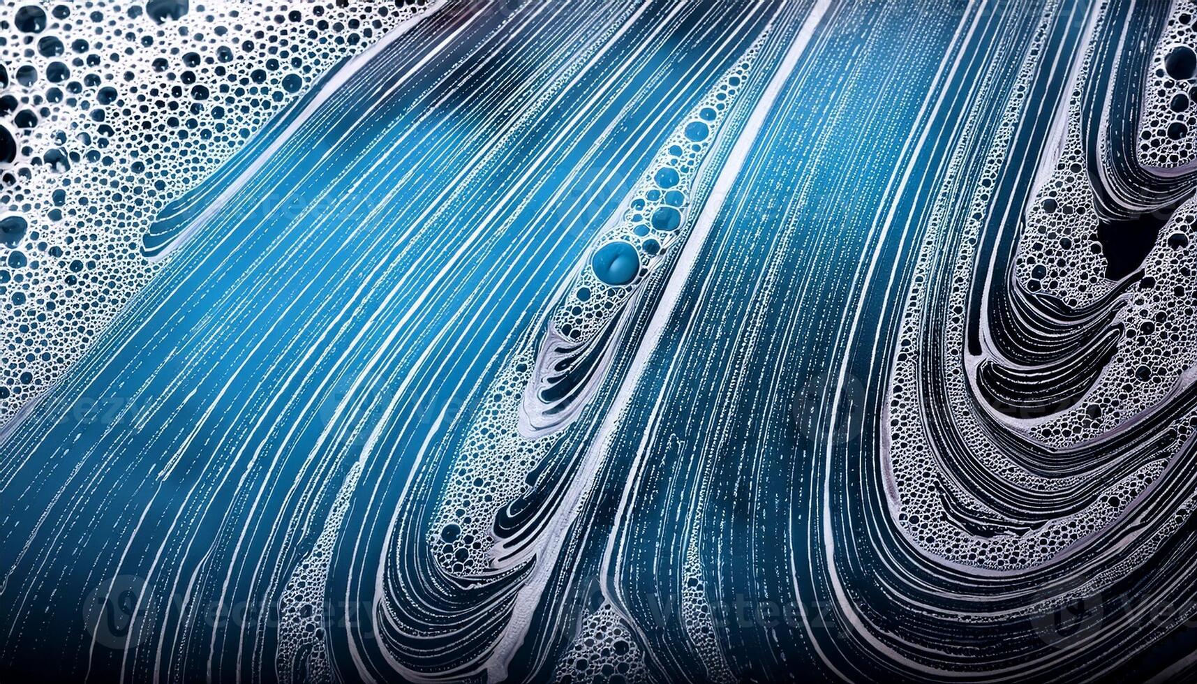 Vibrant Patterns of Blue and White Soap Foam Swirling Together in an Artistic Display photo