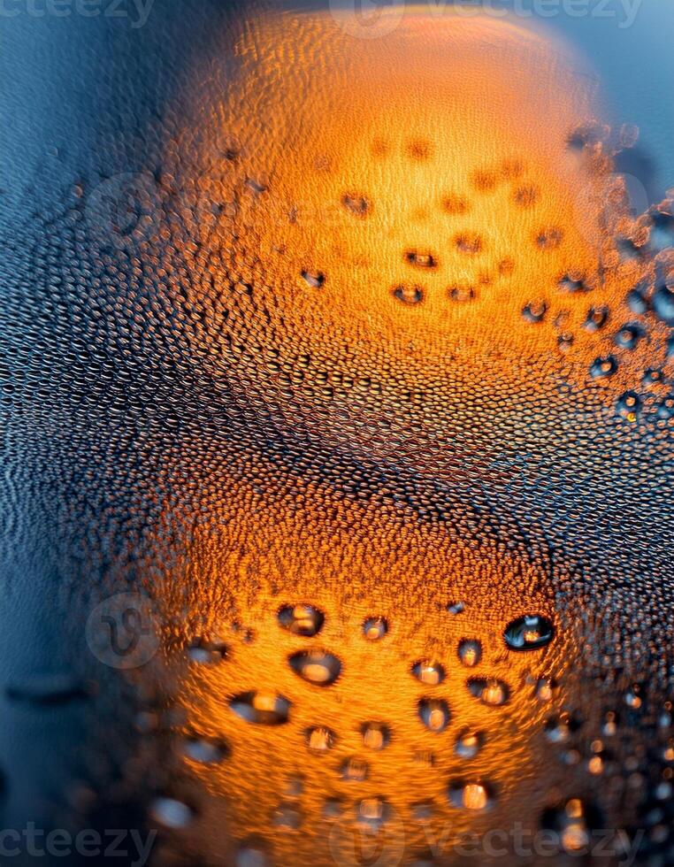 Close-up of Raindrops on Glass With Warm Light Glowing in the Background During a Rainy Evening photo