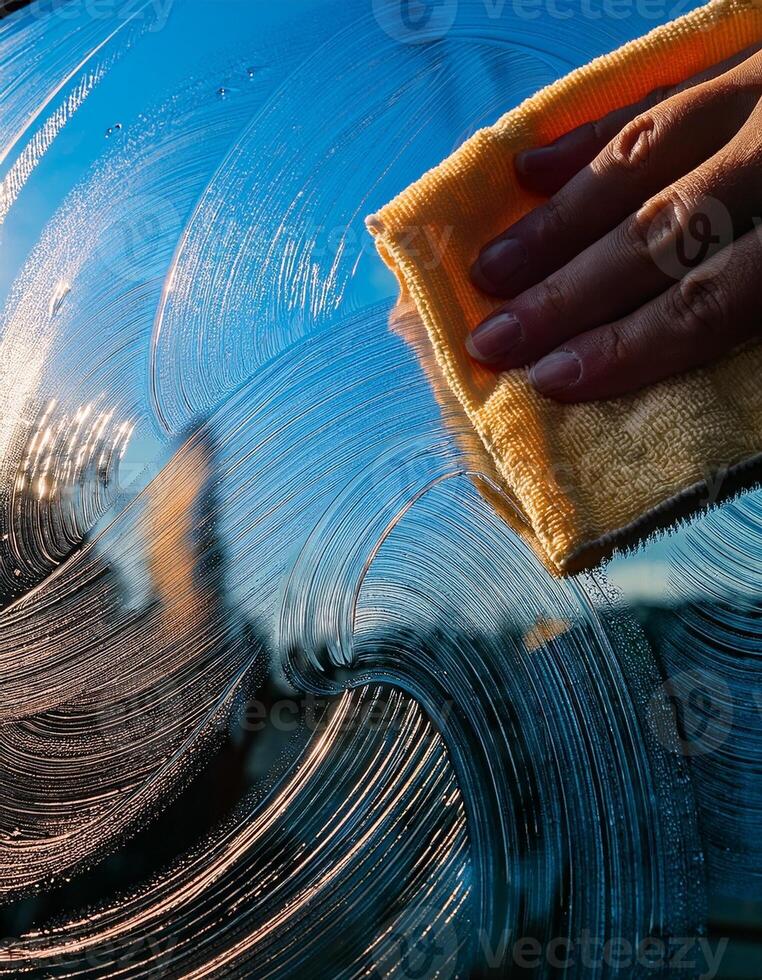 Hand Cleaning Car Windshield on a Sunny Day While Reflections Create Beautiful Patterns photo