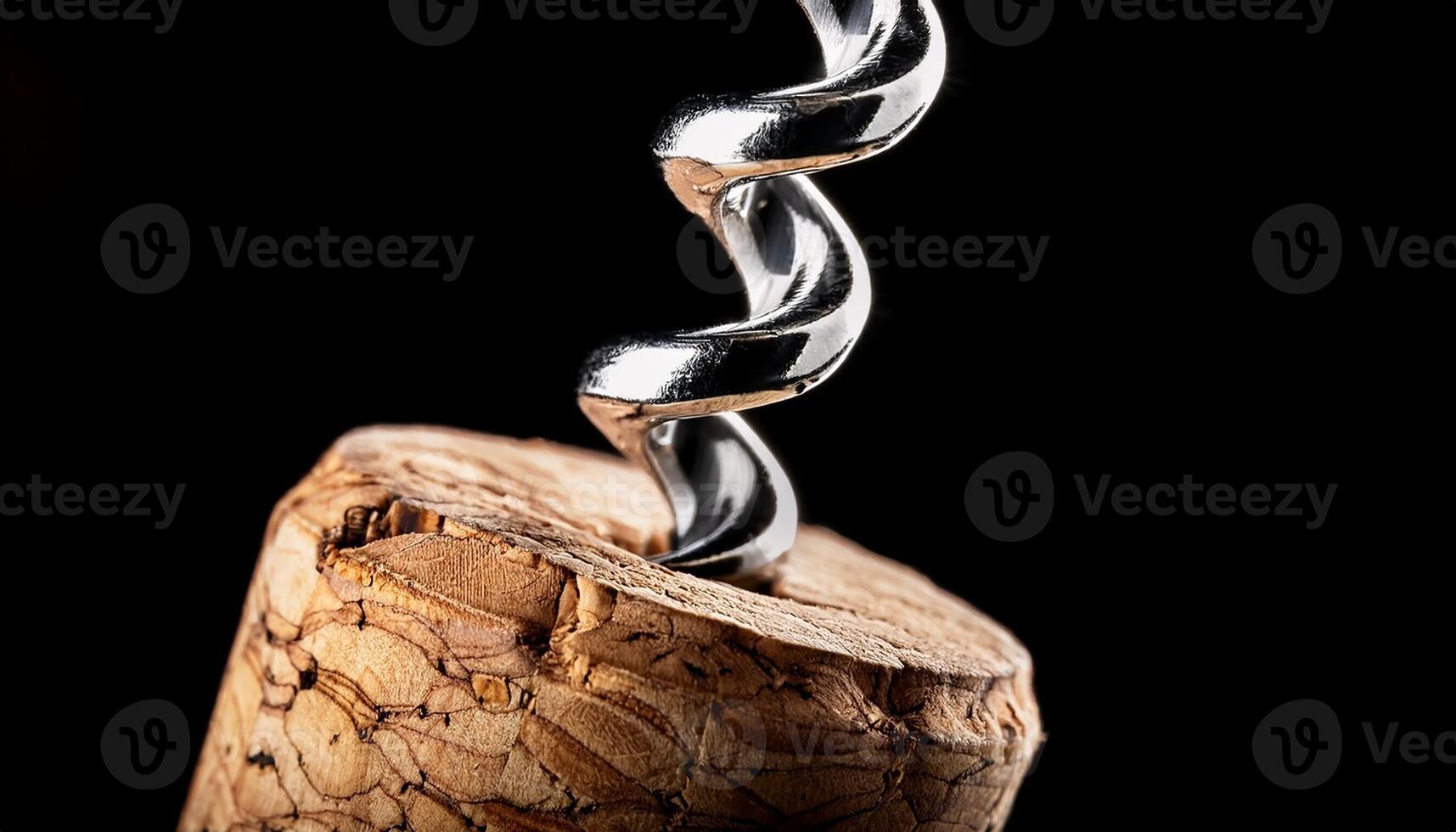 Corkscrew Twisting Into a Wine Cork Against a Dark Background, Emphasizing the Intricate Design and Texture of the Cork photo