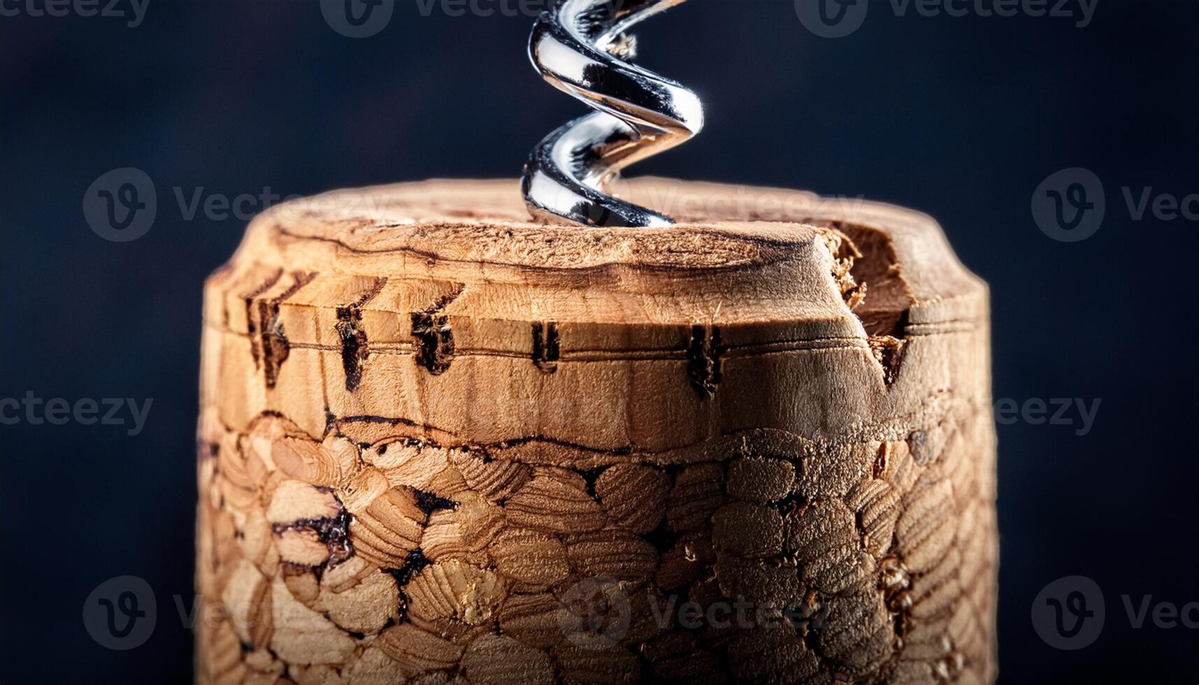 Cork Being Opened With a Spiral Corkscrew, Showcasing Detailed Texture and Craftsmanship in a Culinary Context photo