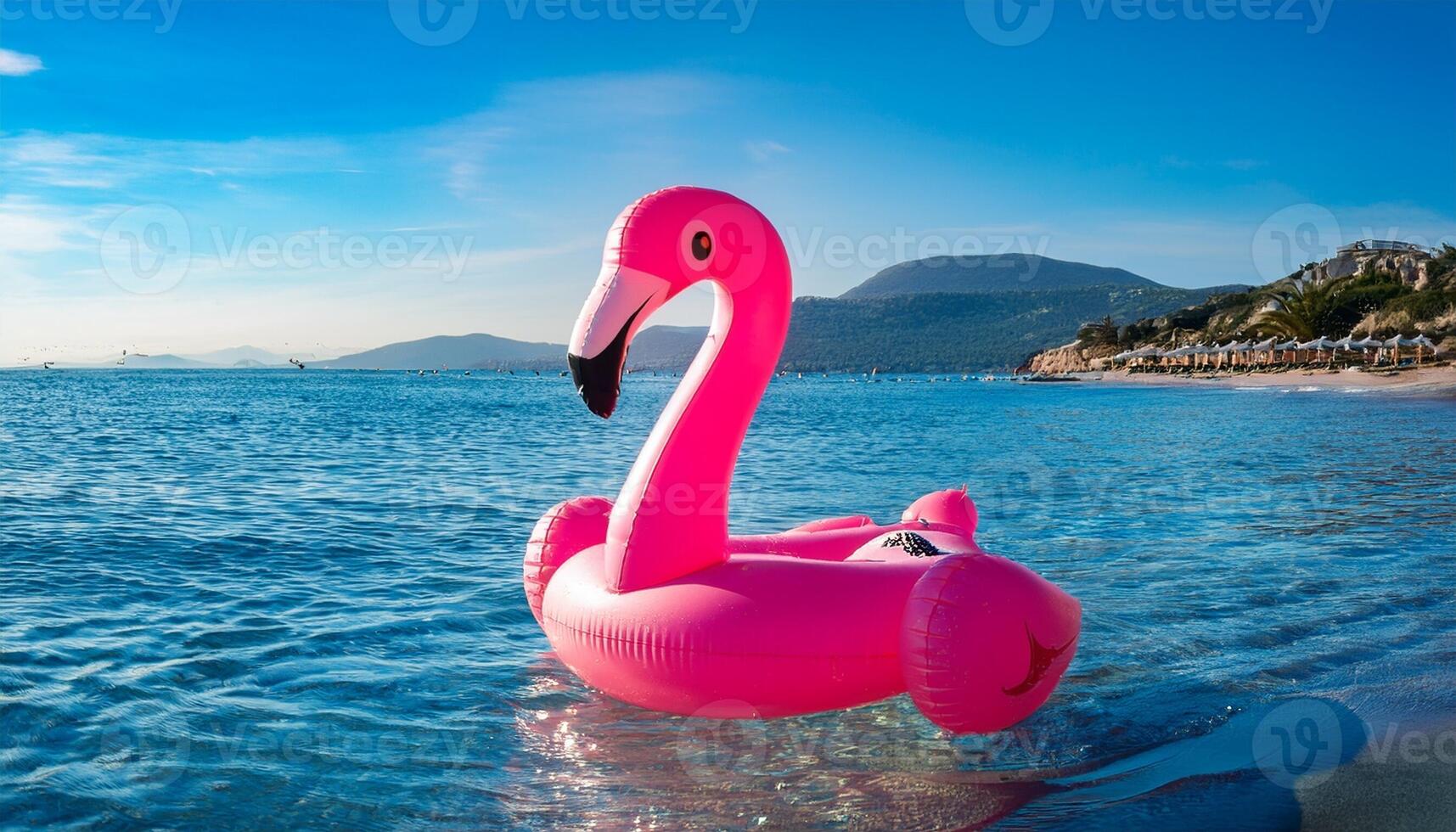 Bright Pink Flamingo Float Drifts in Calm Ocean Water Under Clear Sunny Sky at a Beach Resort photo
