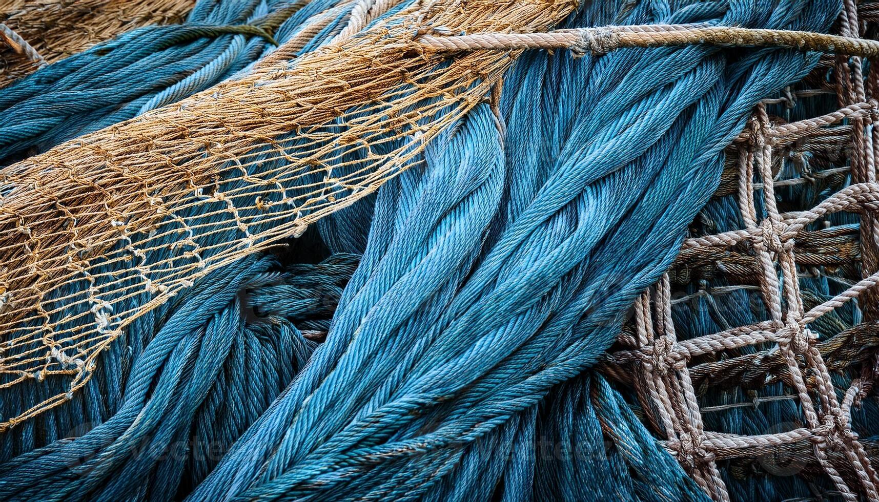 Colorful Fishing Nets and Ropes Create an Intricate Texture in a Coastal Setting With a Focus on Craftsmanship and Marine Activities photo