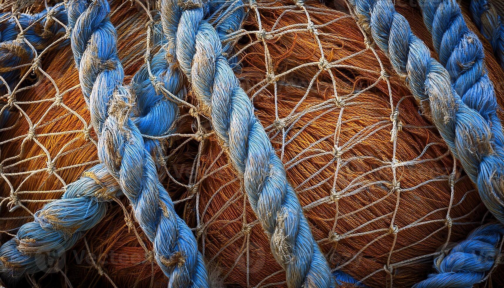Intricate Details of Intertwined Ropes and Nets on a Textured Surface Showcasing Craftsmanship and Nature's Elements photo