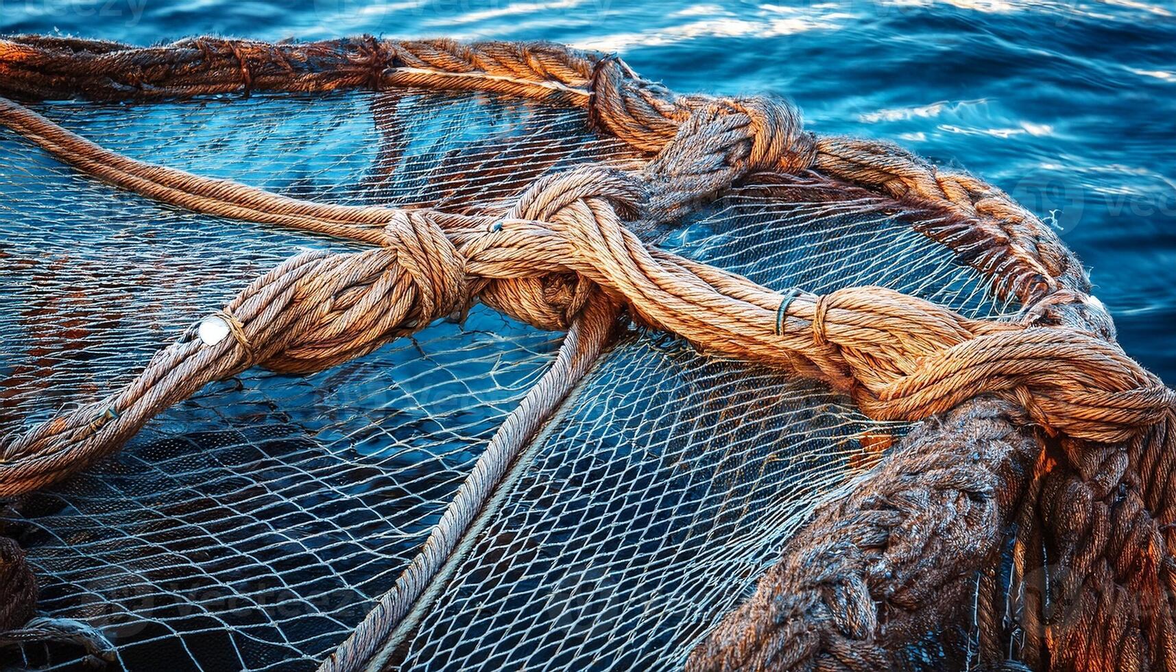 Fishing Gear Resting on Still Water Reflects the Artistry of Craftsmanship Used at Sea in Bright Daylight photo