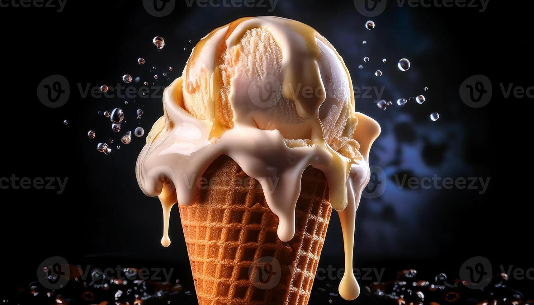 Delicious Melting Ice Cream Cone With Caramel Sauce Dripping in a Dark Backdrop photo