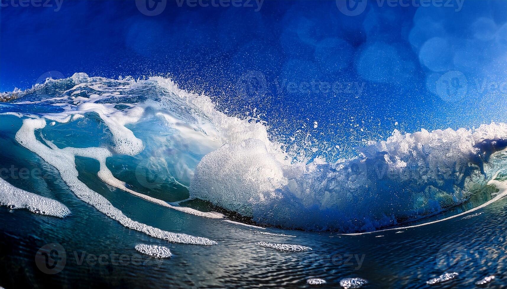 Powerful Ocean Wave Crashing Against the Shore Under a Clear Blue Sky During Midday Sunlight photo