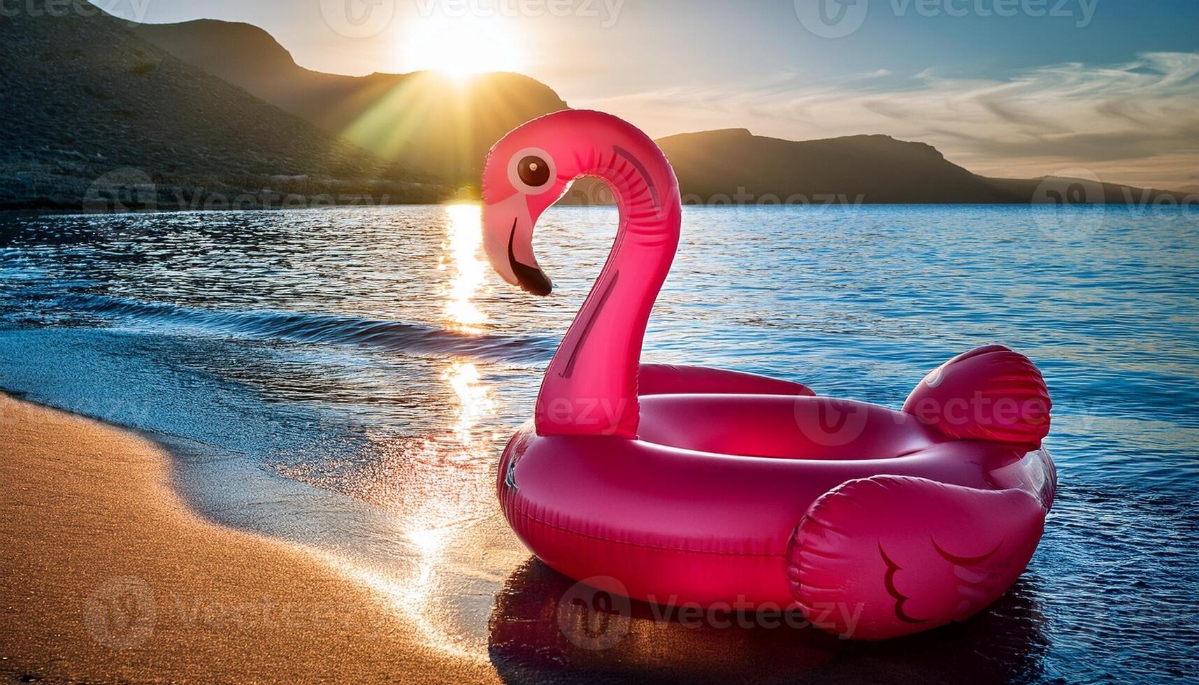 Bright Pink Flamingo Float Rests on Sandy Beach at Sunset Near Serene Waters photo