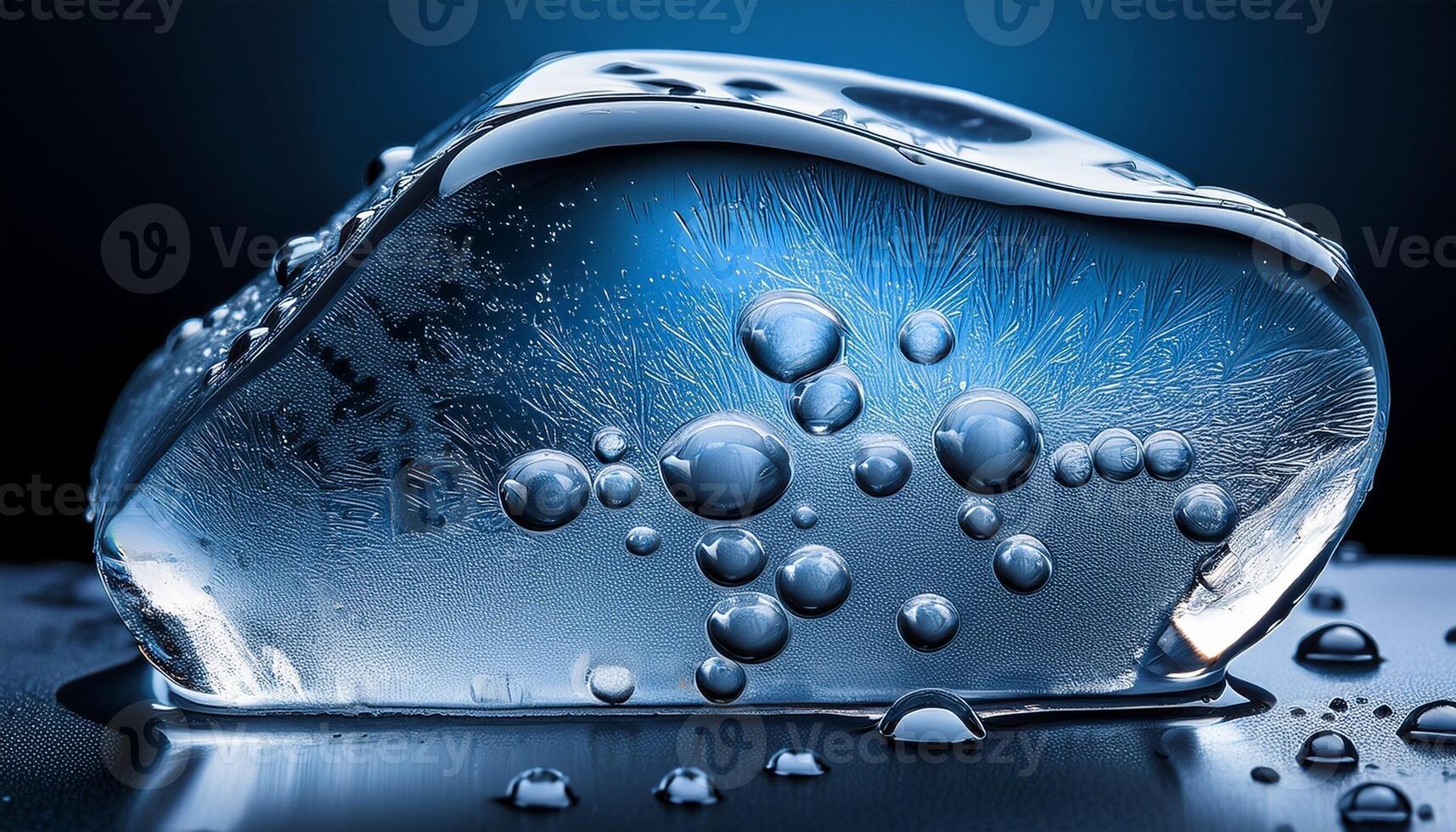 Detailed View of a Clear Ice Block With Bubbles Illuminated by Soft Blue Light on a Dark Surface photo