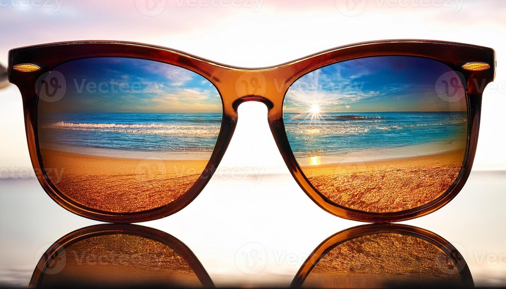 Reflections of a Serene Beach Captured Through Stylish Sunglasses at Sunset photo