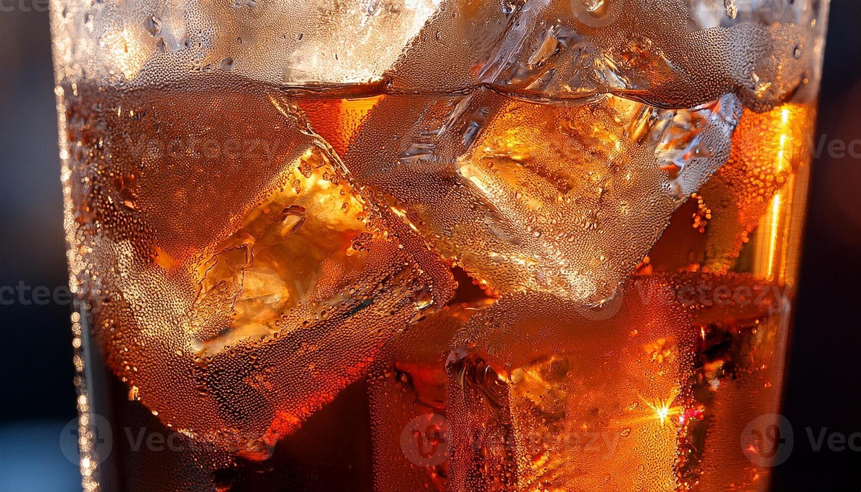 Refreshing Drink Filled With Ice Cubes, Capturing the Essence of a Warm Day in a Glass With Condensation photo
