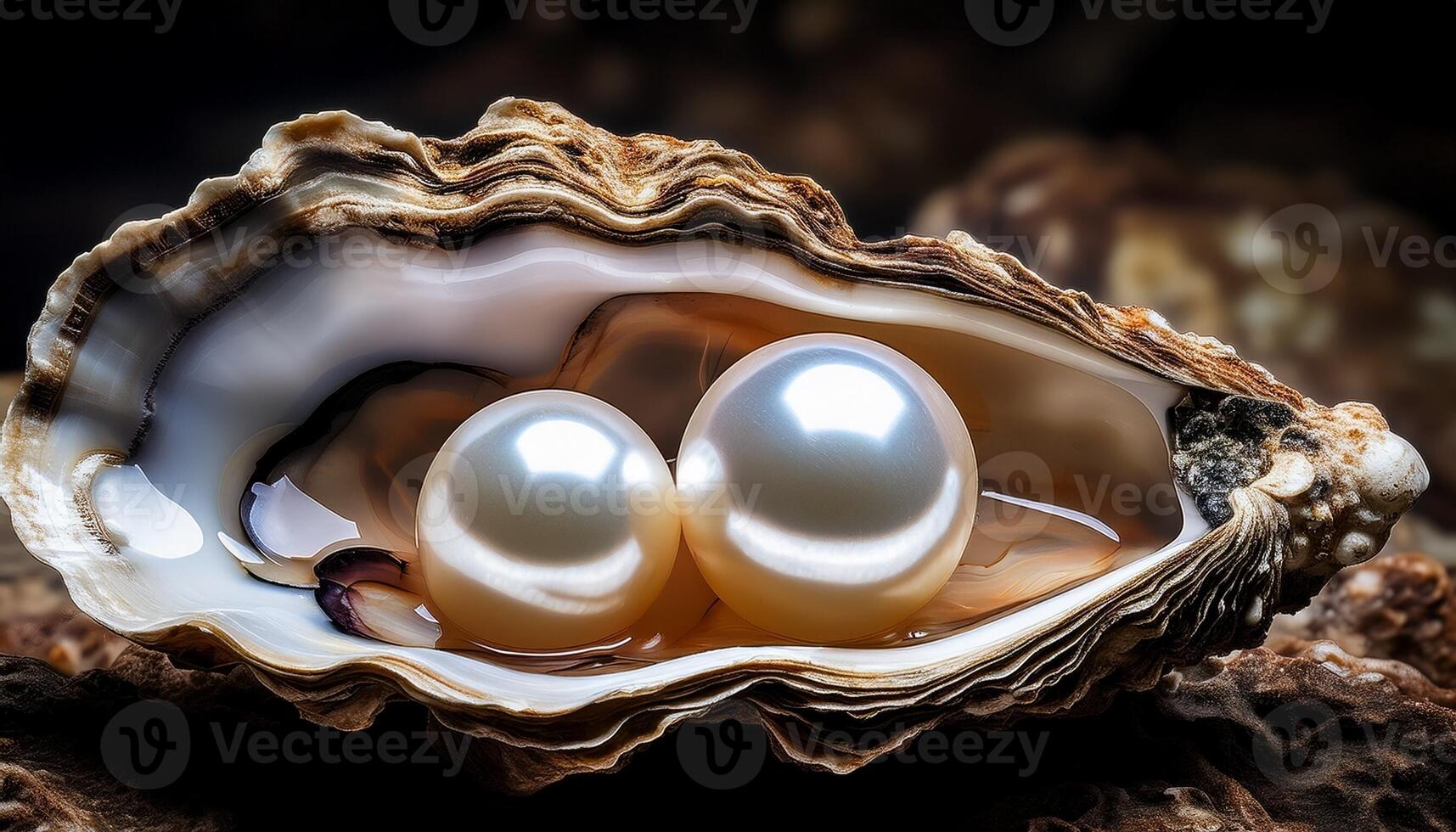 Natural Oysters Hold Two Lustrous Pearls Resting in Their Shells on a Sandy Ocean Floor photo