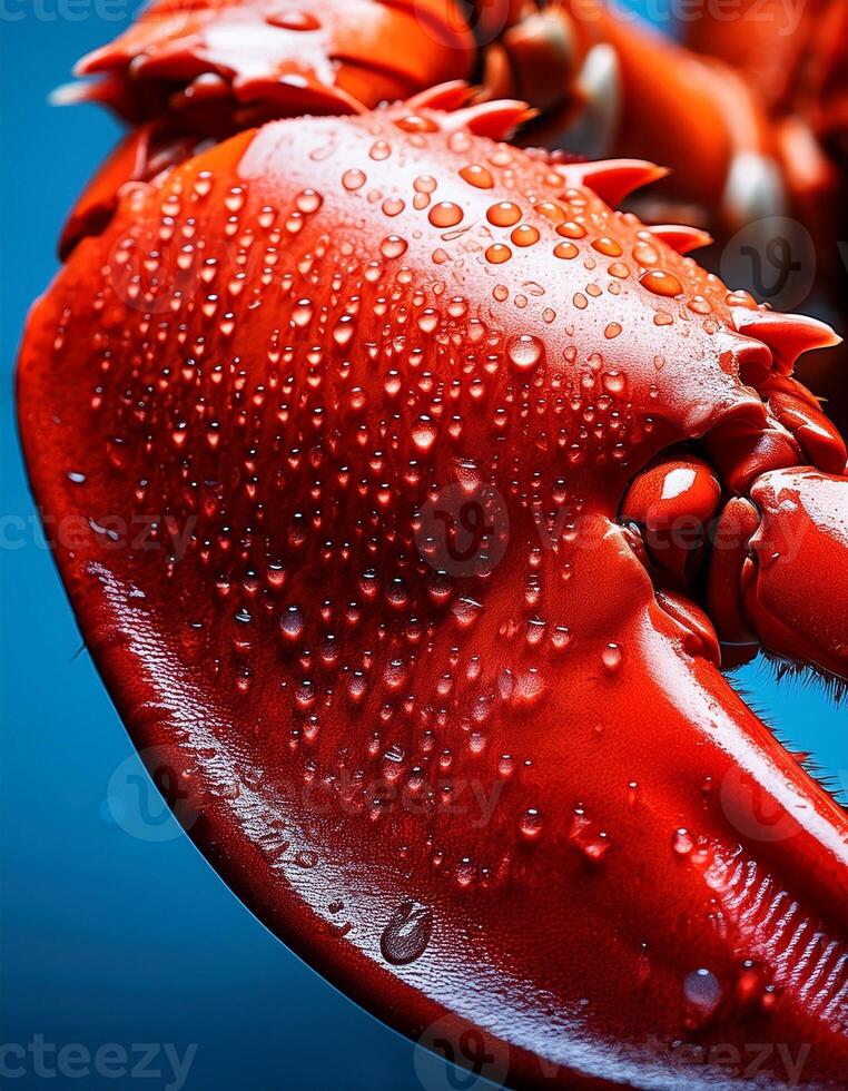 Close-up of a Vibrant Red Lobster Claw Displaying Droplets of Water Against a Blue Background Highlighting Details of Its Texture photo