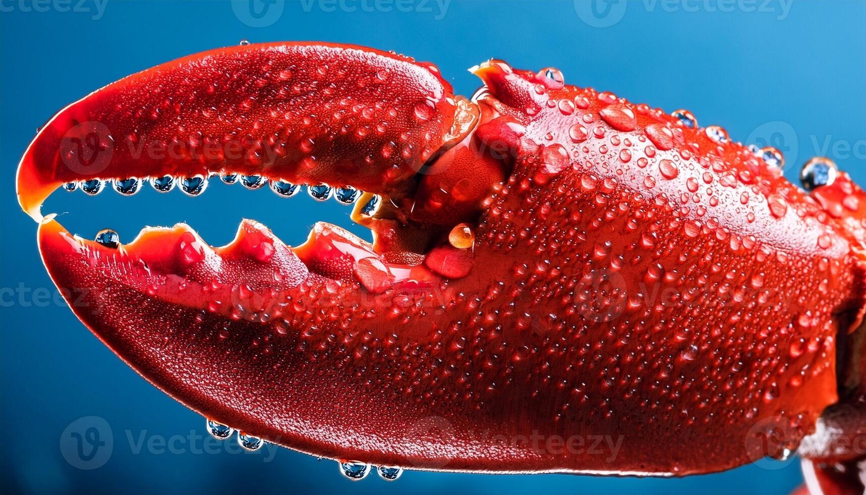 Close-up of a Fresh Lobster Claw Glistening With Water Droplets Against a Blue Background photo