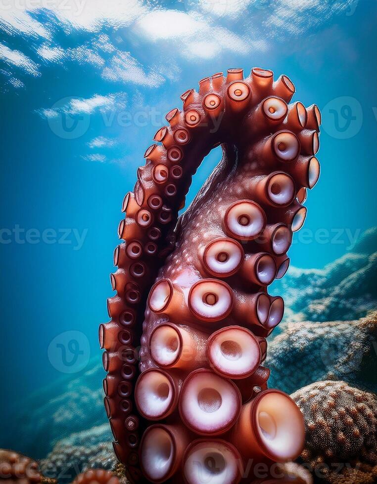 Vibrant Octopus Tentacle Gracefully Rises in Clear Blue Ocean Waters During a Sunny Day photo
