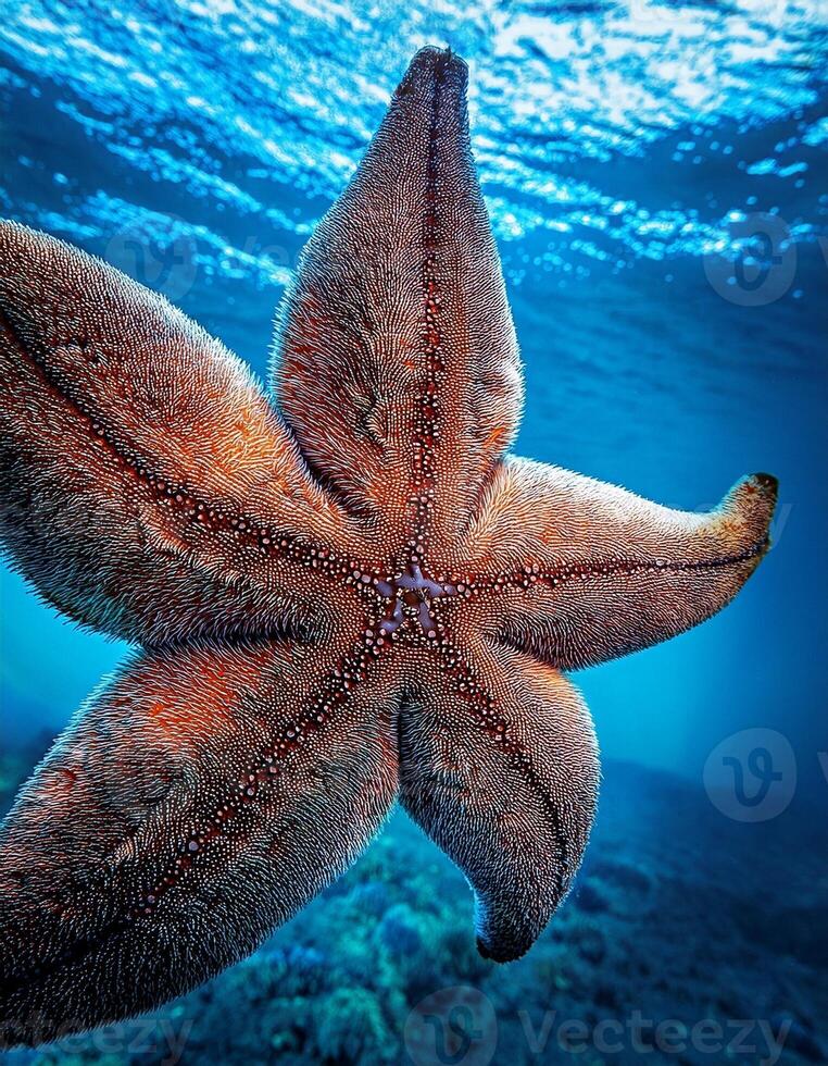 Bright Starfish Exploring Coral Reef Under Clear Ocean Water on a Sunny Day photo
