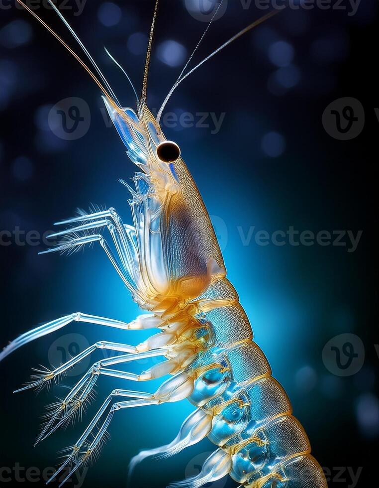 Close-up View of a Vibrant Shrimp Highlighting Intricate Details Under Blue Lighting photo