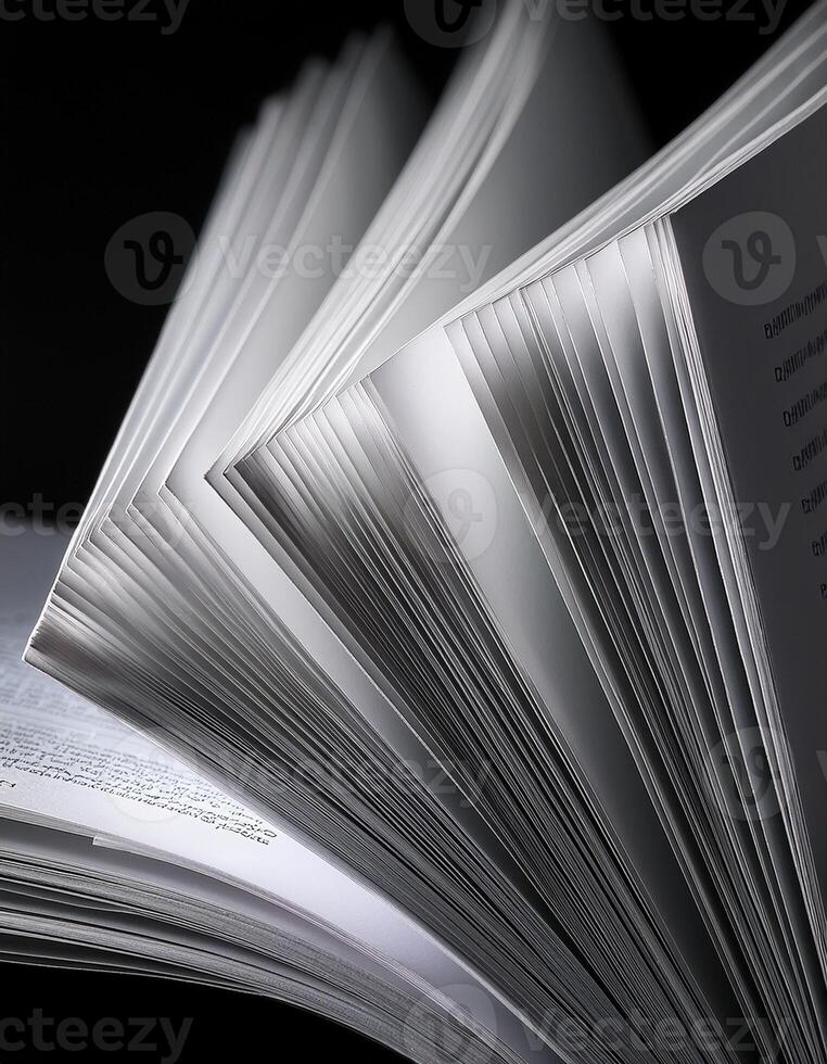 Detailed View of an Open Book With Pages Flipping Amidst a Black Background photo