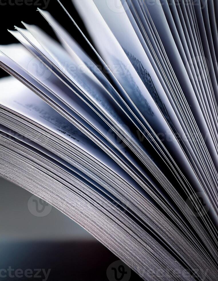 Open Book With Pages Fanned Out, Revealing Text and Textures in a Dimly Lit Setting photo