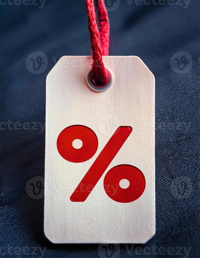 Discount Tag With Percentage Symbol on Blue Fabric Background for Sales Promotions photo